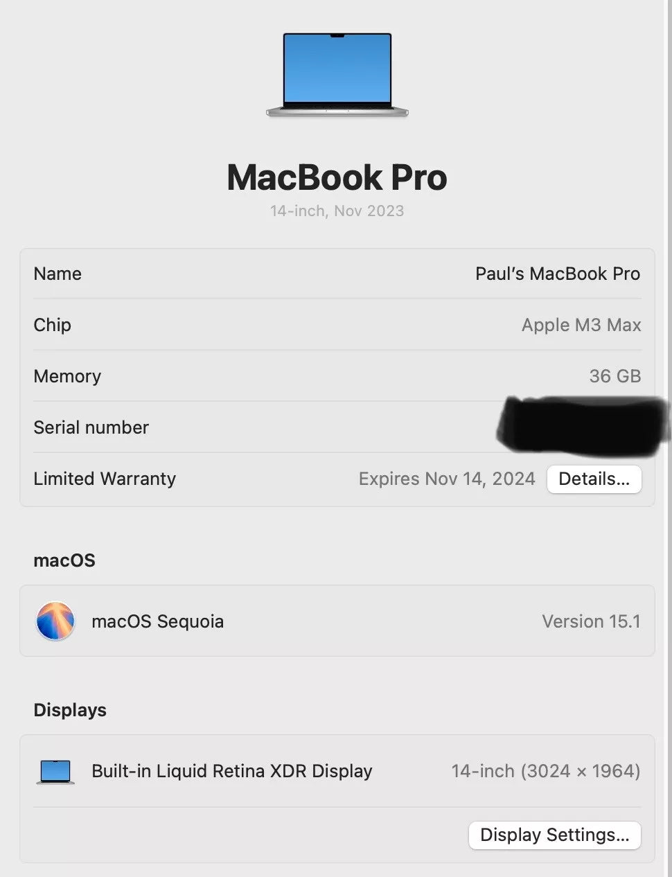 Apple MacBook Pro 14" (1TB SSD, M3 Max, 36GB) Laptop - Silver - MRX83LL/A...